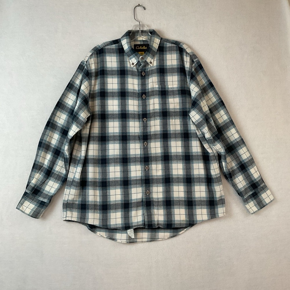Cabelas Flannel Shirt Men's Large Blue Plaid Button Down Up Long Sleeves